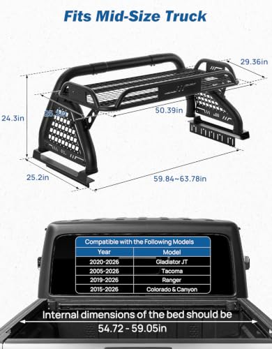 Image of JOYTUTUS Roll Bar with Cargo Basket for Mid-Size Truck, Extendable Chase Rack Pickup Sports Bar Compatible with Tacoma, Gladiator JT, Canyon, Colorado, Ranger