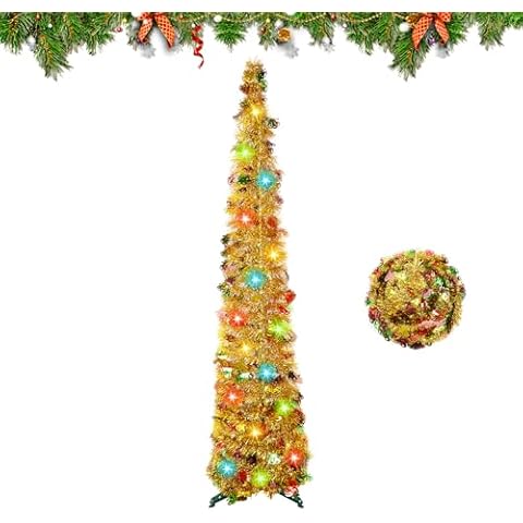 5FT Pop Up Christmas Tree, Artificial Pencil Christmas Tree with Lights, Collapsible Tinsel Christmas Tree for Home Office Xmas Decor, Gold Cover
