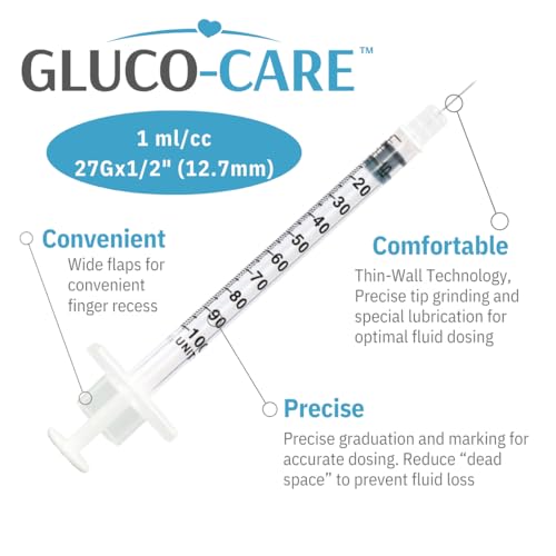 Image of GLUCO-CARE 1 ml /cc Syringes 27G x 1 /2'' (12.7mm), Orange Cap, 100 /box