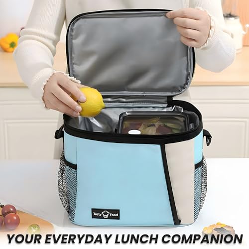 Image of OCEANEVO Insulated Lunch Bag with Luggage Tag, Tiffin Bag for Office with Handle and Shoulder Strap for Men and Women - 25 x 17.5 x 20 Cm - Sky Blue