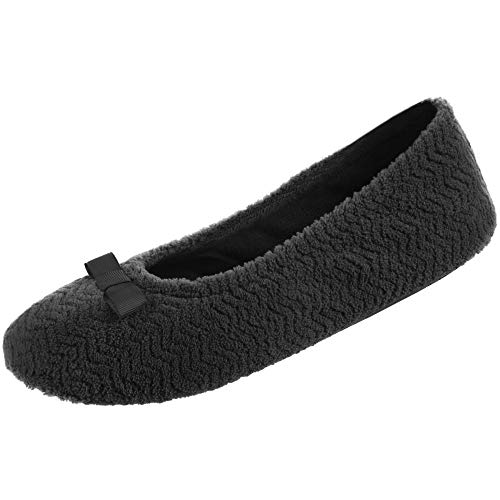 Isotoner Damen Zickzackmuster Mikrofrottee Ballerina Hausschuhe Ballett flach, Schwarz (schwarz), 36.5/37.5 EU