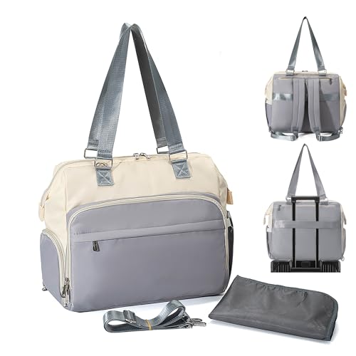 Fexkean Baby Changing Bag,Travel Diaper Bag Converts into Backpack with Shoulder Straps,Baby Diaper Bag Tote,Large Capacity Mommy Bag for Hospital-Gray&Beige