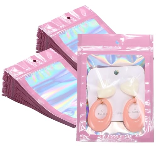 100Pcs Holographic Packaging Bags 4x6 Inch Resealable Foil Mylar Bags for Small Business Party Favor Pouch Packaging and Sample Storage (Pink)