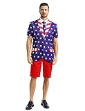 Fashonal American Flag Suits 4th of July Outfits for Men Short Sleeve Patriotic Blazer Shorts Set with Tie and Bow Tie Dark Blue and White Stars Size L