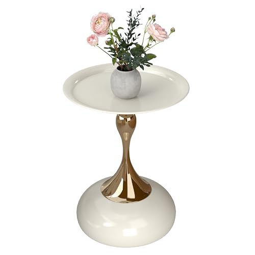 Ginhow Couchtisch Beige Gold, Kleiner Couchtisch Rund Modern, Metall Beistelltisch Rund Gold, Luxus Nachttisch Kaffeetisch für Wohnzimmer Schlafzimmer Balkon, Ø40CM (1 Stück)