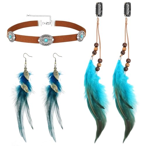 Feder Haarschmuck Clip, Kopfschmuck Haarverlängerung mit Federn, Lederkette Braune Wildleder, Feder Ohrringe, für Faschingskostüm Karneval...