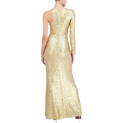 Bcbgmaxazria Women's Fit And Flare Floor Length Sequin Evening Gown One Long Sleeve Crew Neck Cut Out Side Slit, Gold, Medium #TOP1