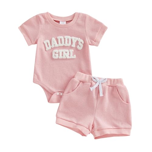Image of Summffie Newborn Baby Gril Summer Clothes 3 6 9 Months 2 Piece Cute Outits Daddys Girl Short Sleeve Waffle Romper Shorts Set