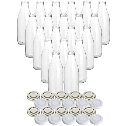 gouveo 20er Set Glasflasche für Saft mit Schraubdeckel in silberfarben und Weiss - Saftflasche 1000 ml - Leere Flaschen für Saft, Limonade, Milch (SF1000SW)