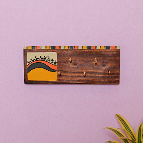 Image of Artysta 'Celebration of Life' Yellow and White Wooden Key Holder for Wall Stylish Decorative Keychain Holder Key Hanger for Home Decor (5 Hooks)