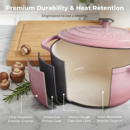 Image of Zulay Kitchen 5 Quart Enameled Cast Iron Dutch Oven Pot with Lid - Premium Durability & Oven Safe up to 500F - Heavy Duty Cookware Perfect for Bread Baking, Stews, Braising & Roasting - Pink