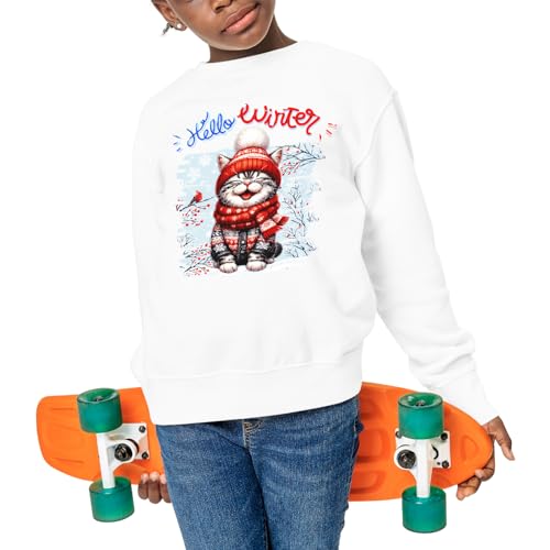 Hello Winter Cat Smiling in Red Scarf Hat Welcome Christmas Adult Youth T-Shirt Hoodie Sweatshirt4