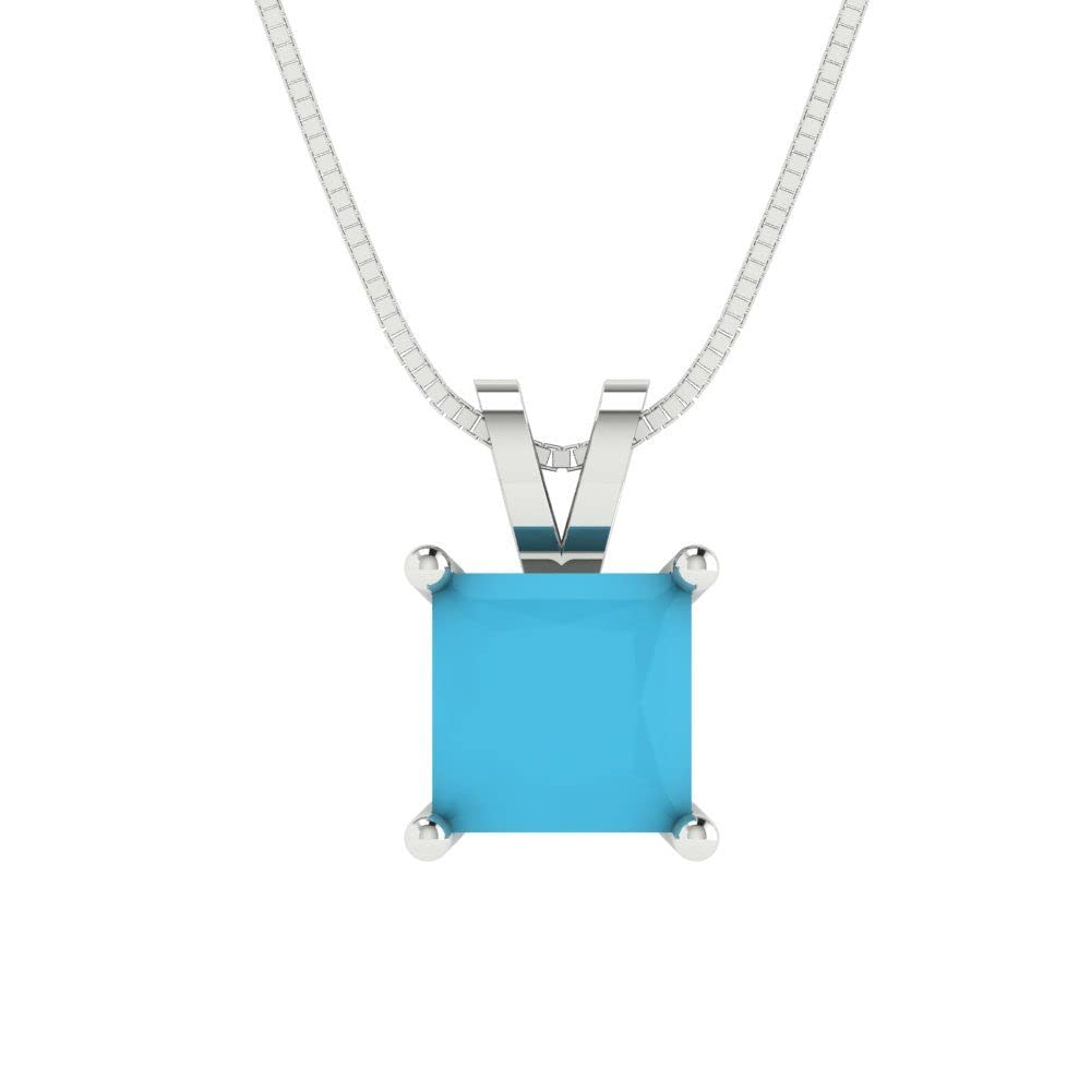 Clara Pucci 1.45ct Princess Cut Designer Simulated Blue Turquoise Gem Solitaire Pendant Necklace With 18" Gold Chain box 14k White Gold