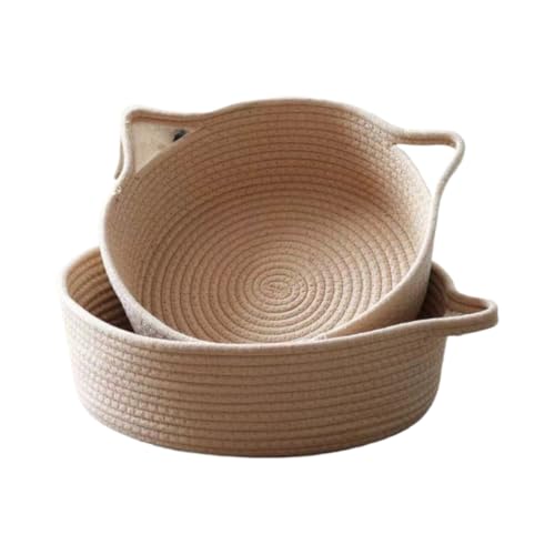 Fiozwea コットン編みキャットベッド、オールシーズン対応キャットベッド、可愛い犬用ベッド、暖かいペット用コットンロープラウンドバスケット、取り外し可能&洗える (カーキ,Lサイズ 直径45cm)