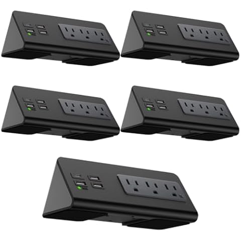 Kable Kontrol Desk Clamp Power Strip with USB-C Port, Nightstand Charging Station, 3 AC Outlets, 3 USB-A Ports, Fast Charger, Easy Installation for Home, Offices, Hotels – 4.9 Ft, Black, 5 Pcs Cover