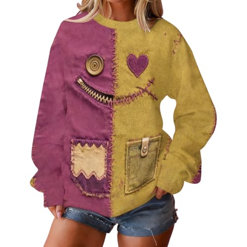 Halloween Sweatshirt Women Patchwork Pullover Ragdoll Doll Face with Pocket - image 2