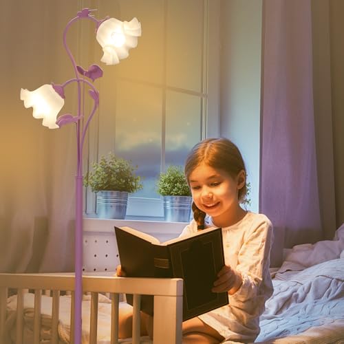 Image of HMVPL Purple Floral Floor Lamp, Girls Flower Floor Lamp for Bedroom, Cute Lotus Standing Lamp with 2 LED 5W Blubs, Foot Switch, Unique Flower Tall Lamp for Living Room Kids Nursery Bedside Corner