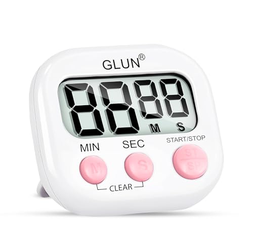 Image of GLUN Digital Kitchen Timer for Cooking, Pack of 1 Big & Clear Digits, Loud Alarm, Magnetic Back, Timer for Baking, Creating Food, White Body & Pink Buttons (Random Color)
