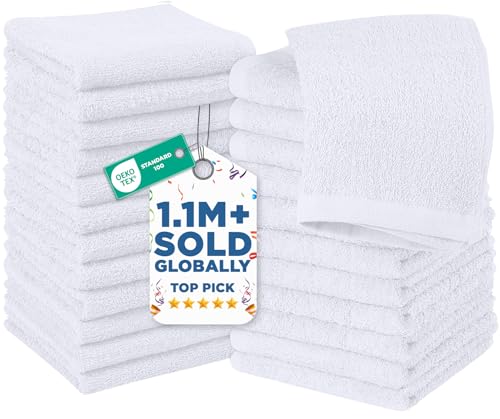 DAN RIVER 24 Pack Wash Cloths for Showering [12x12] - 100% Cotton Washcloths Premium Quality Flannel Face Cloths for Bathroom, Highly Absorbent and Soft Feel Wash Clothes, White