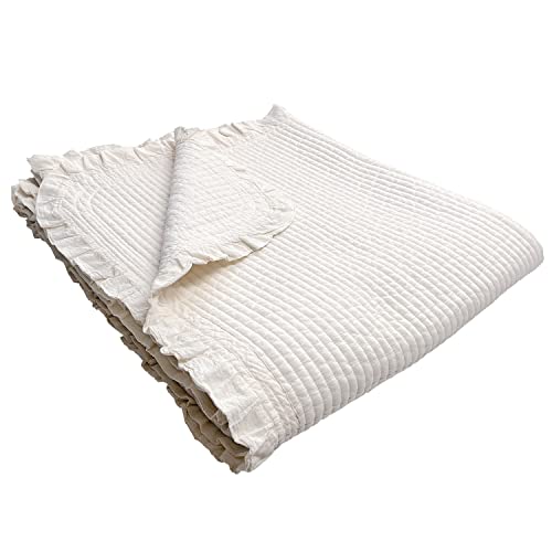 100% Cotton Frilled Bed Coverlet, Blanket – Full / Double Size Bed 79 X91” - Pigment Washed Soft & Breathable Quilted Blankets For Bed And Couch – Lightweight Bed Coverlet For All Seasons (Ivory) #TOP10