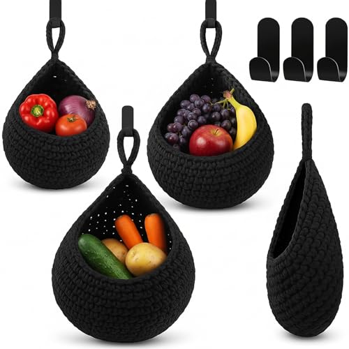 Image of Honeydak 3 Hanging Baskets, Black, Teardrop, Cotton Rope
