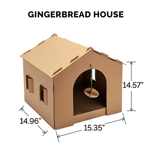 Image of Furhaven Pet Furniture for Cats and Kittens - Gingerbread House Corrugated Cat Scratcher Hideout with Catnip, Cardboard (Brown), One Size