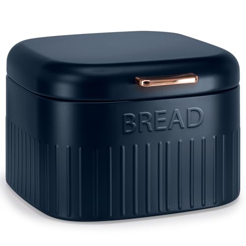 EHC Large Metal Bread Box Bin, Kitchen Storage Box For Countertop With Hinged Lid, Navy Blue