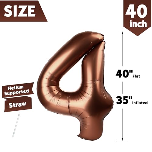 Image of 40 Inch Brown Number 4 Balloon Birthday Party Decorations for Men & Women | 40 Inch Brown inflatable foil number balloons, large birthday decorations for 4th birthday