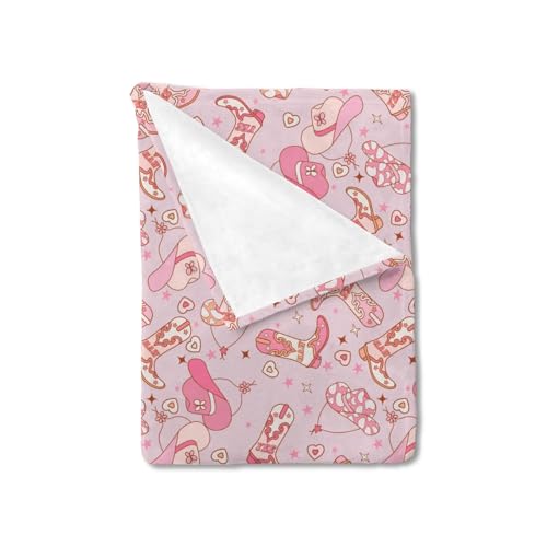 Image of Western Cowgirl Yee Haw Hat Boots Baby Blanket for Girls Gift, Pink Cow Lover Star Wild West Flannel Fleece Nursery Bed Blankets, Soft Warm Lightweight Newborn Infant Toddler Kids Crib Bedding 30 x 40