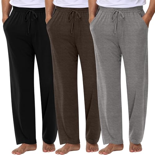 Neer 3 Pack Baggy Sweatpants for Men Knit Lightweight Lounge Pants Straight Leg Pajama Pant with Pocket(XL,Black, Cement Color, Chestnut Color)