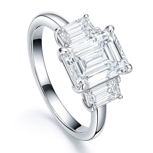 BERRICLE Sterling Silver 3-Stone Wedding Engagement Promise Rings for Her, 2.1 Carat Step Emerald Cut Cubic Zirconia CZ Ring