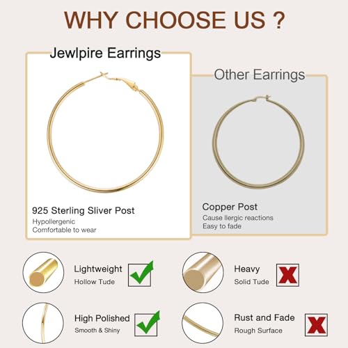 Jewlpire 14K Gold Plated 925 Sterling Sliver Post Hoop Earrings, 2MM Thick Hoop earrings Lightweight Large Gold Hoop Earrings for Women Trendy 20/30/40/50/60/70mm3