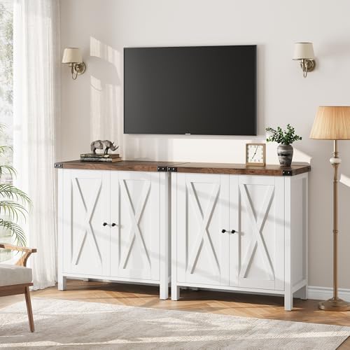 GarveeHome Small Storage Cabinet, Farmhouse Sideboard Buffet Cabinet with 2 Doors and Adjustable Shelves, Accent Entryway Console Cabinets for Living Room, Dining Room (White+Brown Top, 2 Pieces)