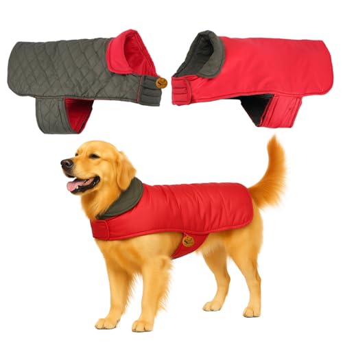 Image of Sage Square Double-Sided Quilted Dog Jacket - Weather-Resistant, Lightweight, Waterproof, Designed for Comfort & Warmth, Adjustable Fit, Perfect for Indoors or Outdoors (Quilt Red, 5XL - 28 Inch)