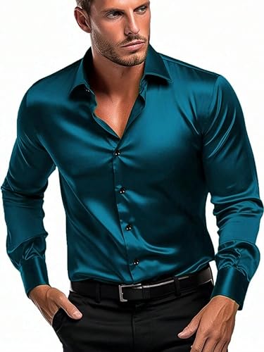 Image of IndoPrimo Men's Satin Shirt with Spread Collar Neck Line Solid Pattern Full Sleeves Regular Fit Western Style and Standard Length