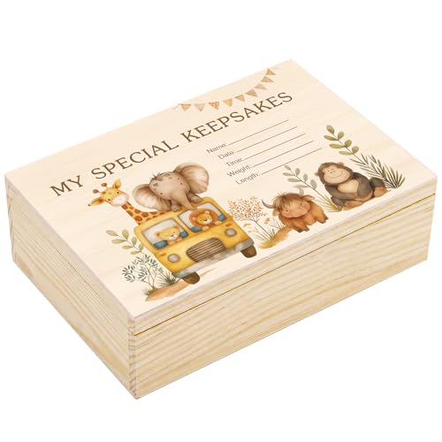 Thyle Safari Animal Wooden Baby Memories Keepsake Box with Animal Adventurers Boys or Girls Keepsake Box Parents Newborn Baptismal Birthday Gift for Memento Storage Decoration Strong and Durable
