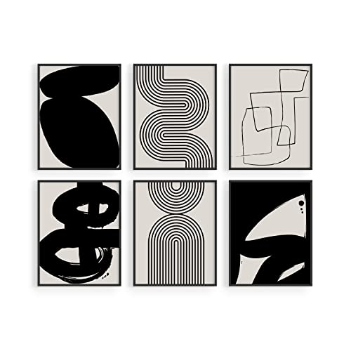 Haus and Hues Black Abstract Painting Aesthetic Wall Art- Set of 6, Modern Abstract Wall Art Black and Gray, One Line Abstract Art, Geometric Print Wall Art, Minimalist Wall Art (11x14, UNFRAMED)