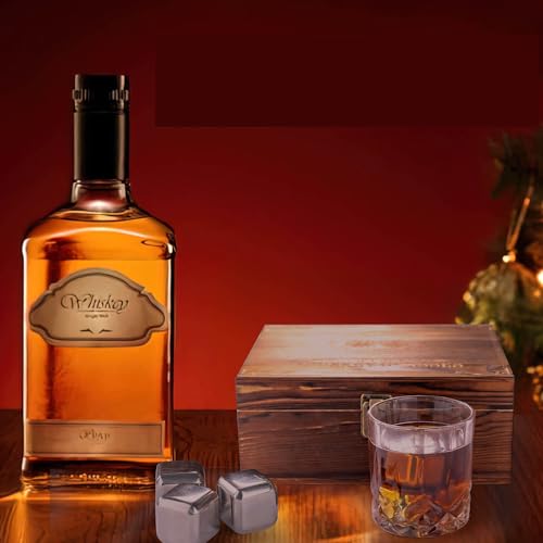 Whiskey Glasses Set - Birthday and Retirement Gifts for Men - 2X Exquisite Glasses,8 x Stainless Steel Cooling Stones,Handcrafted Engraved Box,Ice Serving Tongs,and Velvet Bag