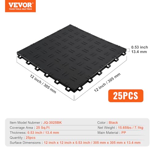 Image of VEVOR Garage Floor Tiles 12 x 12 x 0.53 inch, Interlocking Design Ease of Installation Double-Sided Texture Non-Slip Sturdiness, for Garages, Basements, Repair Shops, Black, 25 Pack