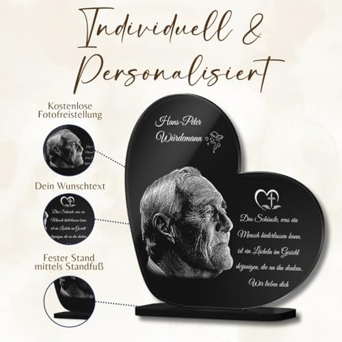 CHRISCK design Gedenktafel mit Gravur Fotogravur - Grabstein für verstorbene Menschen Herz stehend - Grabschmuck graviert für Hunde & Katzen - Grabplatte im Kerzenschein Leuchtend - Gedenkstandbilder