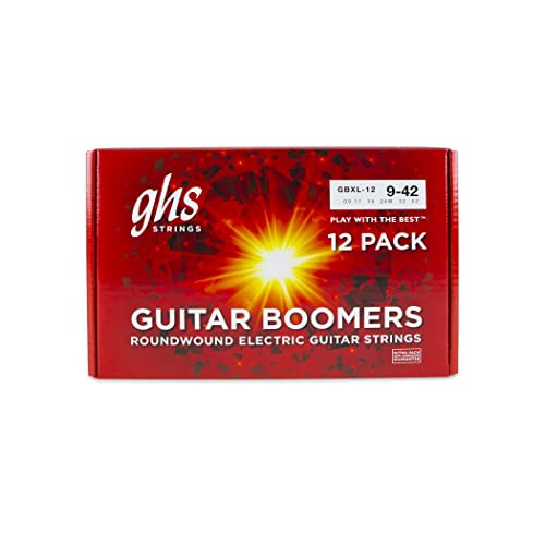 Image of GHS Strings, GBXL Boomers, Nickel Plated Steel Electric Guitar Strings, Legendary Strength, Consistent Intonation, Long Lasting Brightness, Tone & Sustain. 6-String Guitar, 9-42 XLT Gauge, Box of 12