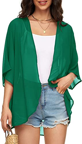 Image of Indian Trendy Women's Solid Puff Sleeve Kimono Cardigan Loose Cover Up Casual Blouse Top Chiffon