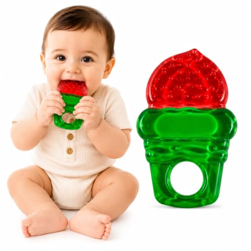 Image of CHICAGOZONE Premium Baby Silicone Teether Ring Toy - BPA Free Soft Teething Toy for Infants, Multi-Texture Sensory Chew Toy, Easy Grip Teether for Babies 3-12 Months, Cute Animal Design (Multicolor) (RED AND GREEN)