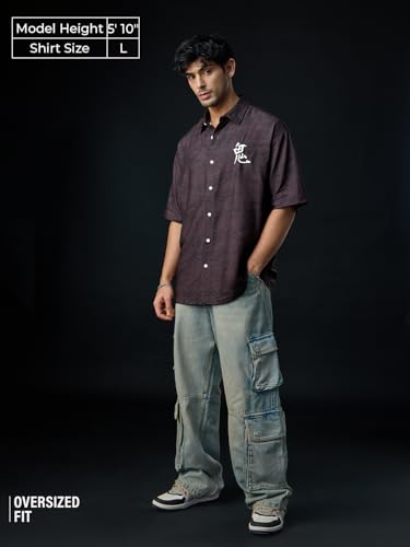 Image of The Souled Store: The Last Shogun Men and Boys Short Sleeve Collared Neck Button Front Dark Brown Graphic Printed Rayon Oversized Shirts