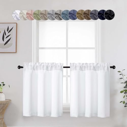 WelvetBLK White Cafe Curtains 24 Inch Length Tier 2 Panels Set, Soft Solid Thermal Insulated Kitchen Half Curtains for Windows for Bathroom Basement, White, 30' Wx24 L