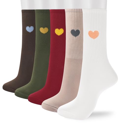 Image of Corlap Women's Cotton Crew Calf Socks - 5 Pairs Ankle High Dress Casual Socks, Fun Cute Heart Gifts for Mom Mother