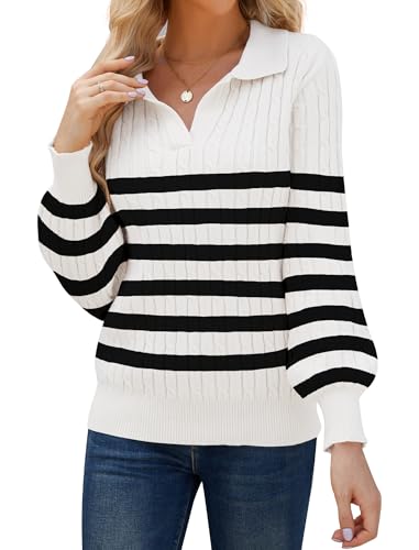Image of JUSTFASHIONNOW Womens Sweaters Polo V Neck Cable Knit Sweater Dressy Casual Pullover Jumper Tops Fall Winter Trendy