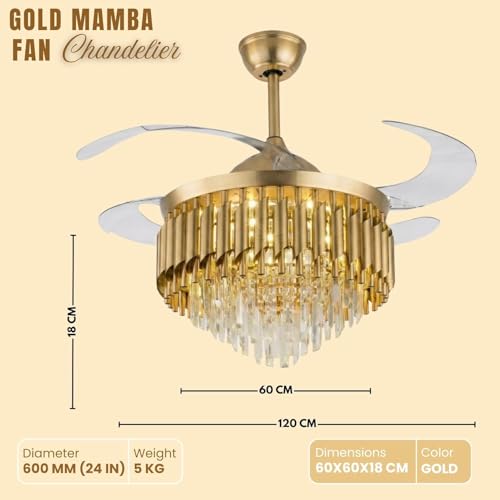 Image of 42 inch Crystal Ceiling Fan Gold Chandelier with Remote | Retractable Blades | LED Light (3 Color Modes) | Modern Luxury Fan Light for Living Room & Dining Fan Chandelier