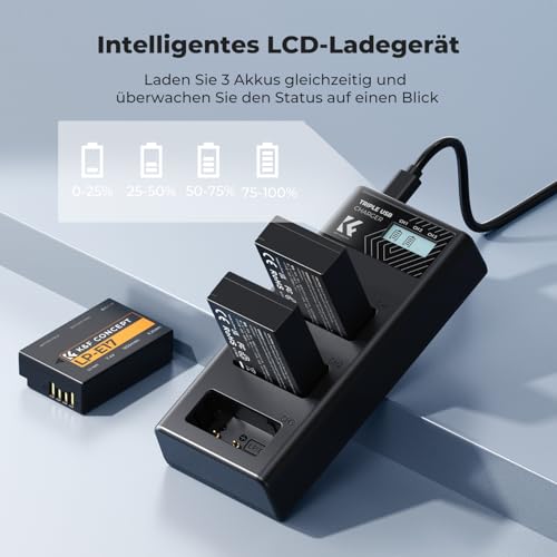 K&F CONCEPT 3er-Pack LP-E17 1250mAh Akku und Verbessertes 3-Schacht LCD Ladegerät,Kompatibel mit Canon EOS RP, EOS R10, EOS R8, EOS R50, Rebel T8i,T7i,T6i,SL2, SL3, EOS 77D, EOS 750D Powershot V1