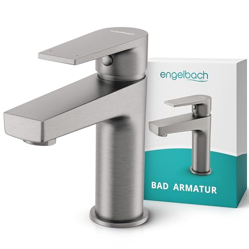 Engelbach Wasserhahn Bad - 304 Edelstahl Waschtischarmatur mit langlebiger Keramikkartusche - inklusive 2 Schläuche & Anleitung Waschbeckenarmatur Gebürstet